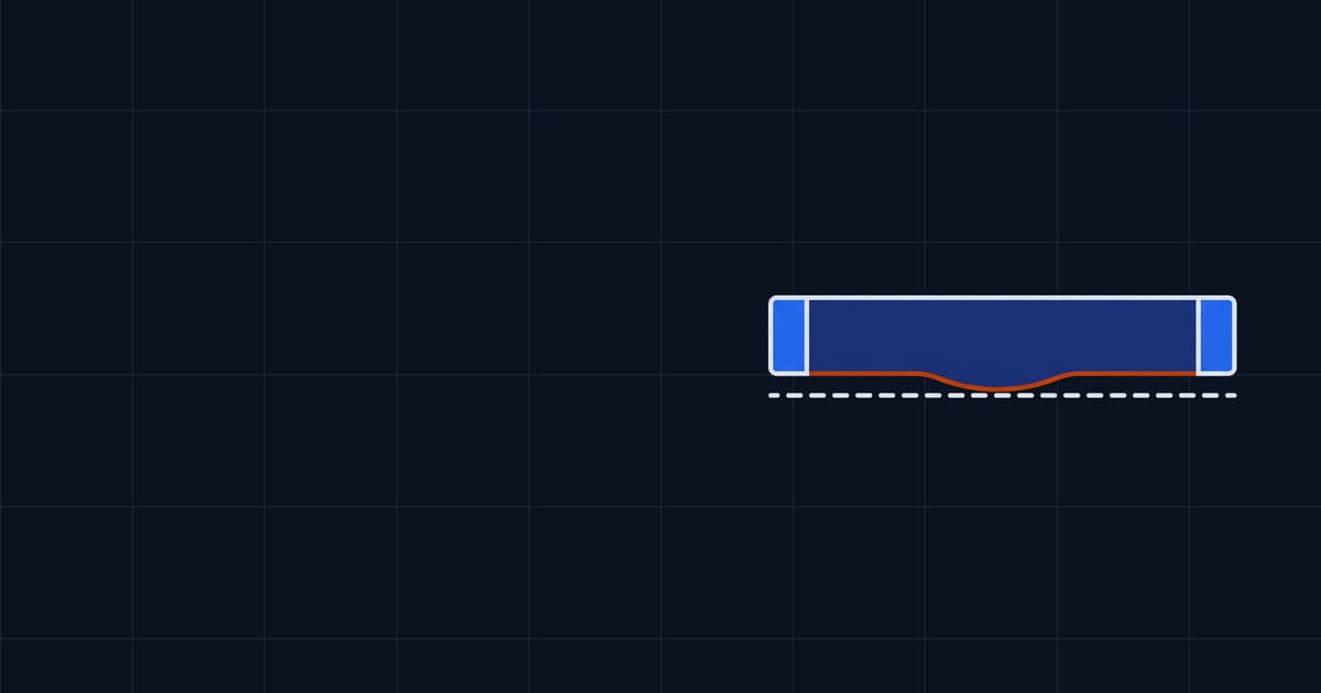 A figure box seen edge on, its side panel dished inward away from a dead straight dashed line.