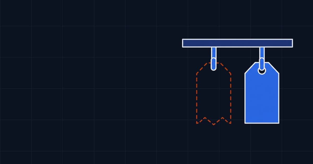 Two hooks on a rail, one holding a blank tag, the other holding only a dashed outline.
