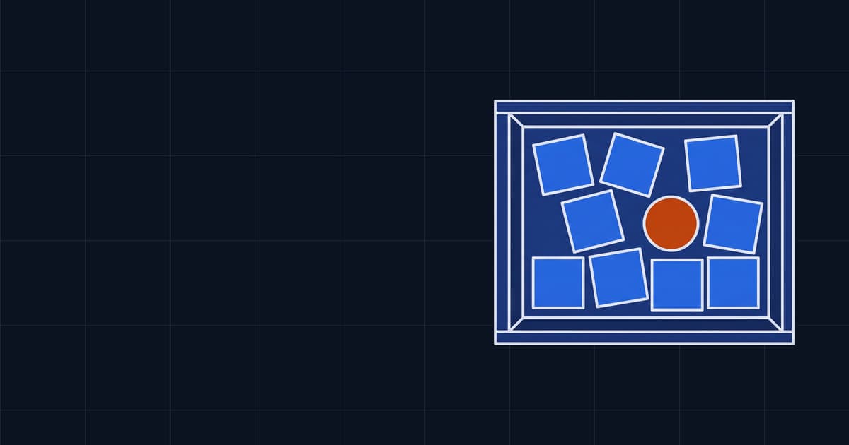 An open crate seen from above, holding a loose lot of blue square blocks and one orange disc.