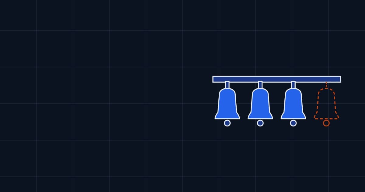 Three identical bells hanging from a rail, the fourth place empty except for a dashed outline.